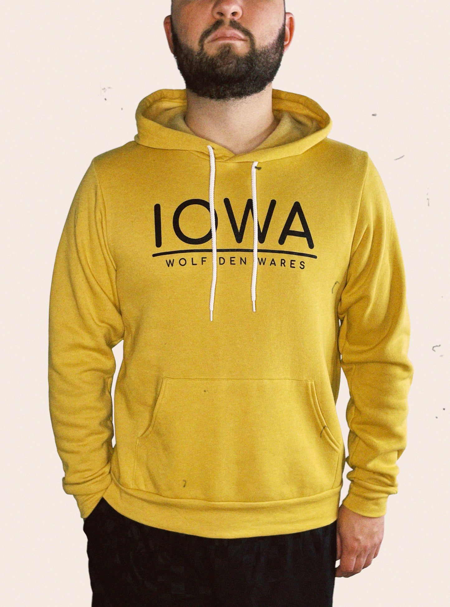 Gold Bella Canvas sponge fleece hooded sweatshirt embellished with IOWA and WOLF DEN WARES