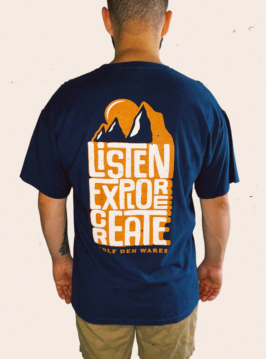Navy Comfort Colors tee embellished with LiSTEN EXPLORE CREATE and WOLF DEN WARES