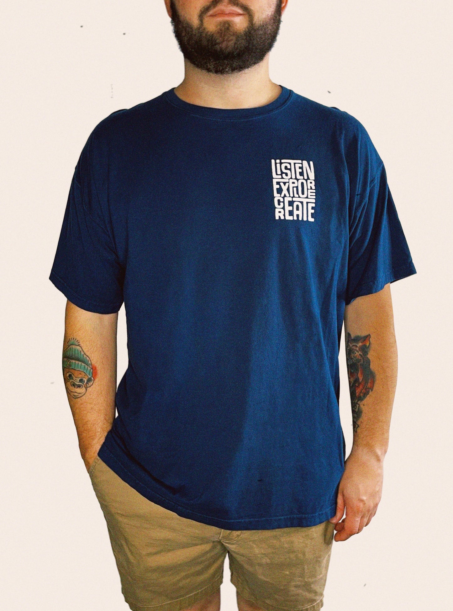 Navy Comfort Colors tee embellished with LiSTEN EXPLORE CREATE